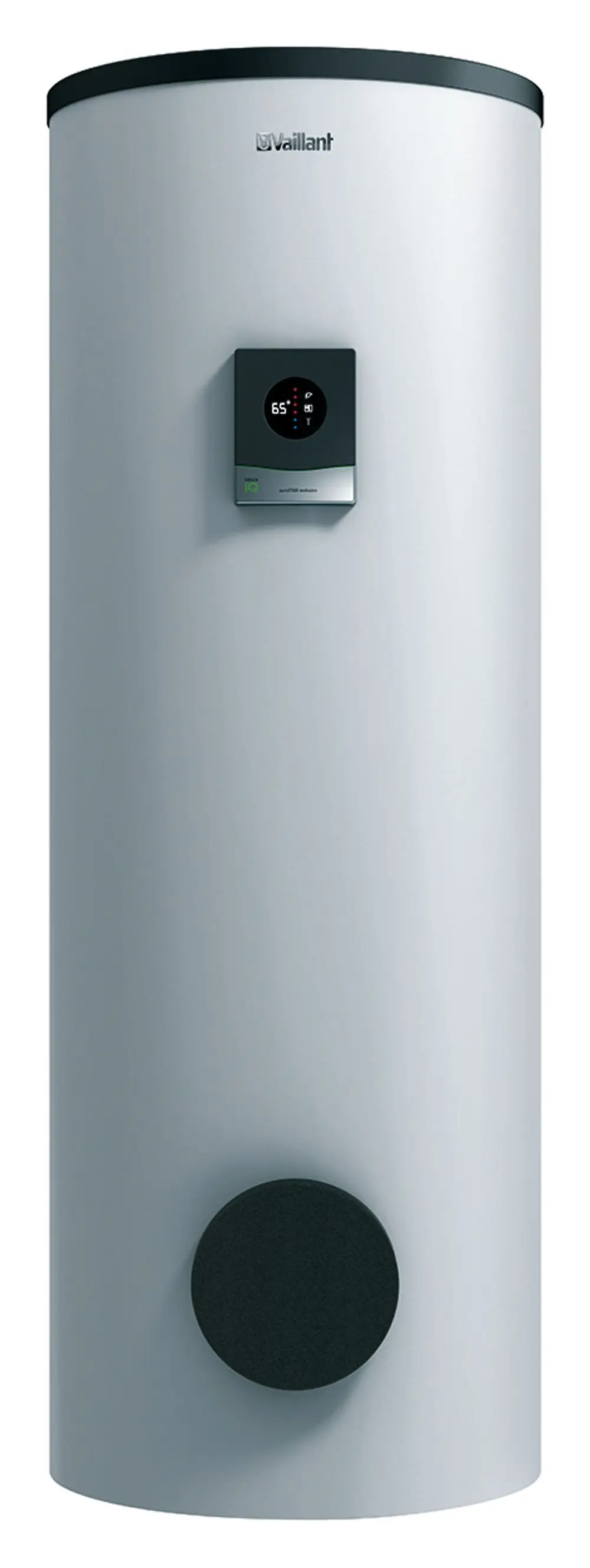 Vertikaler, runder Warmwasserspeicher in Weiß von Vaillant mit digitaler Anzeige und schwarzem Bedienelement an der Vorderseite.